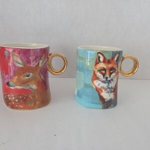 Anthropologie Vibrant Deer and Fox Mug Set with Gold Handles